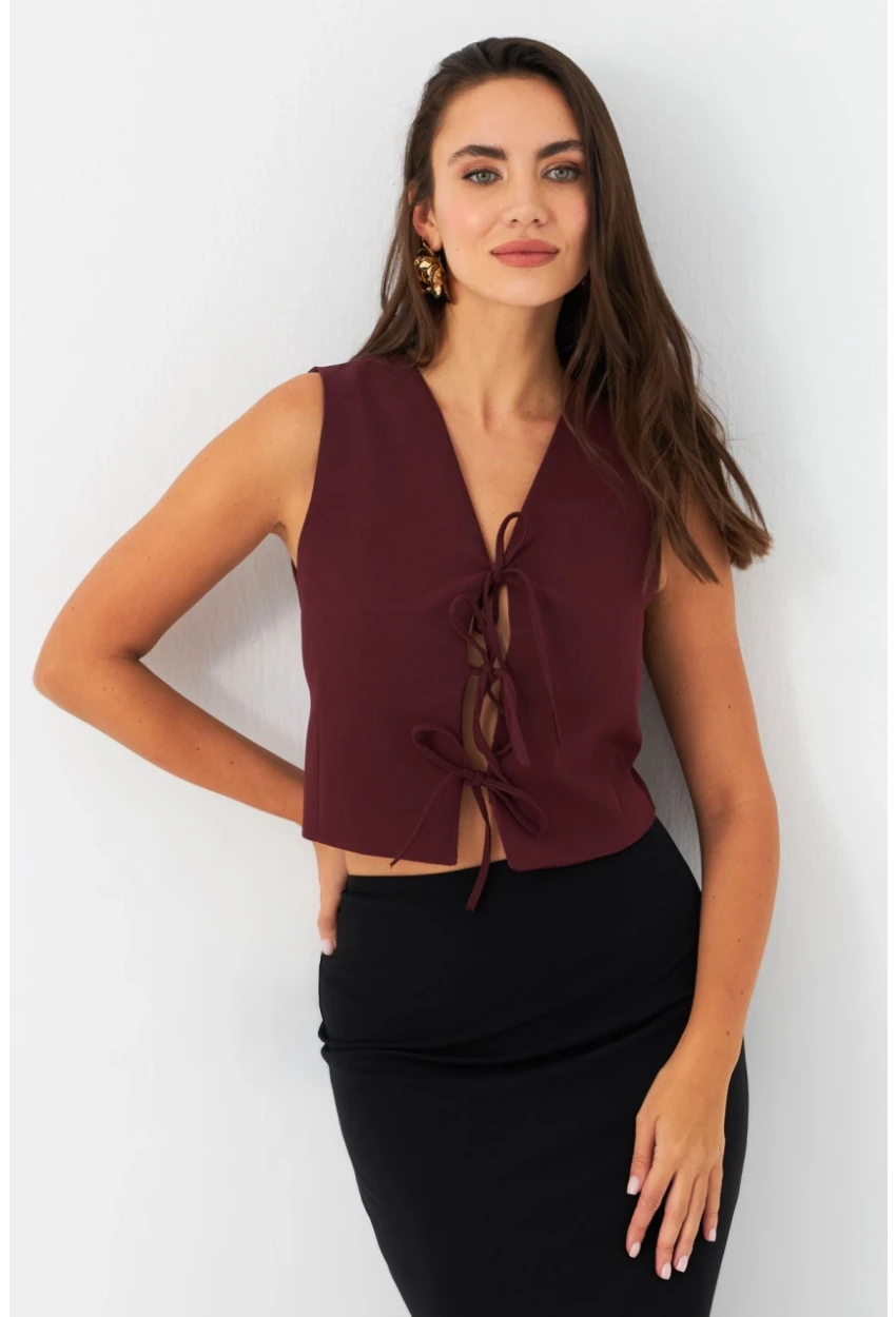 Kadın Bordo Bağlama Detaylı Astarlı Yelek ELA6645