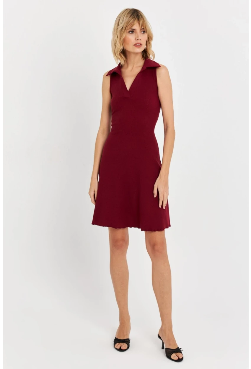 Kadın Bordo Bağlama  Detaylı Kaşkorse Mini Elbise FRY2271