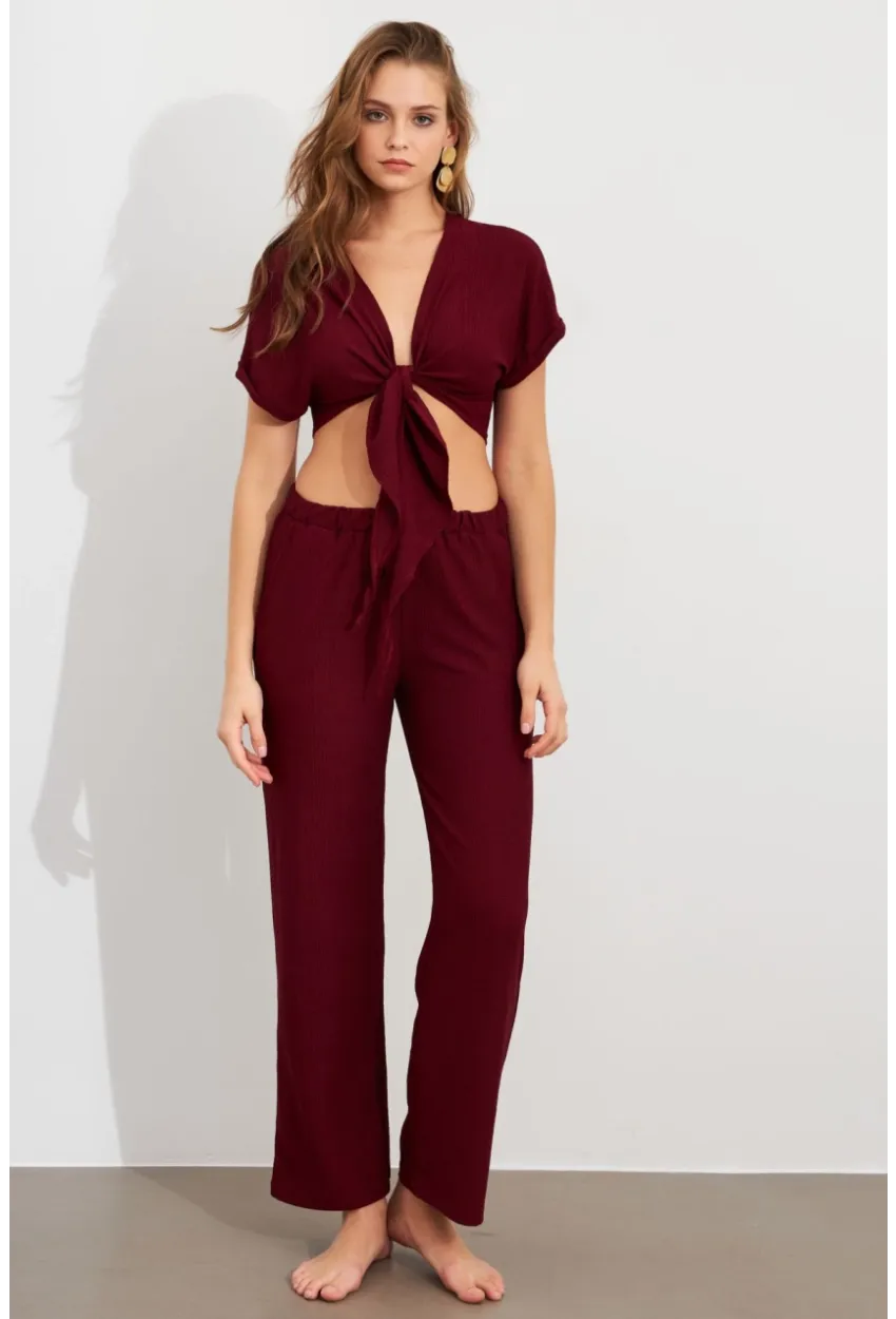 Kadın Bordo Bağlamalı Bürümcük Takım Q1012
