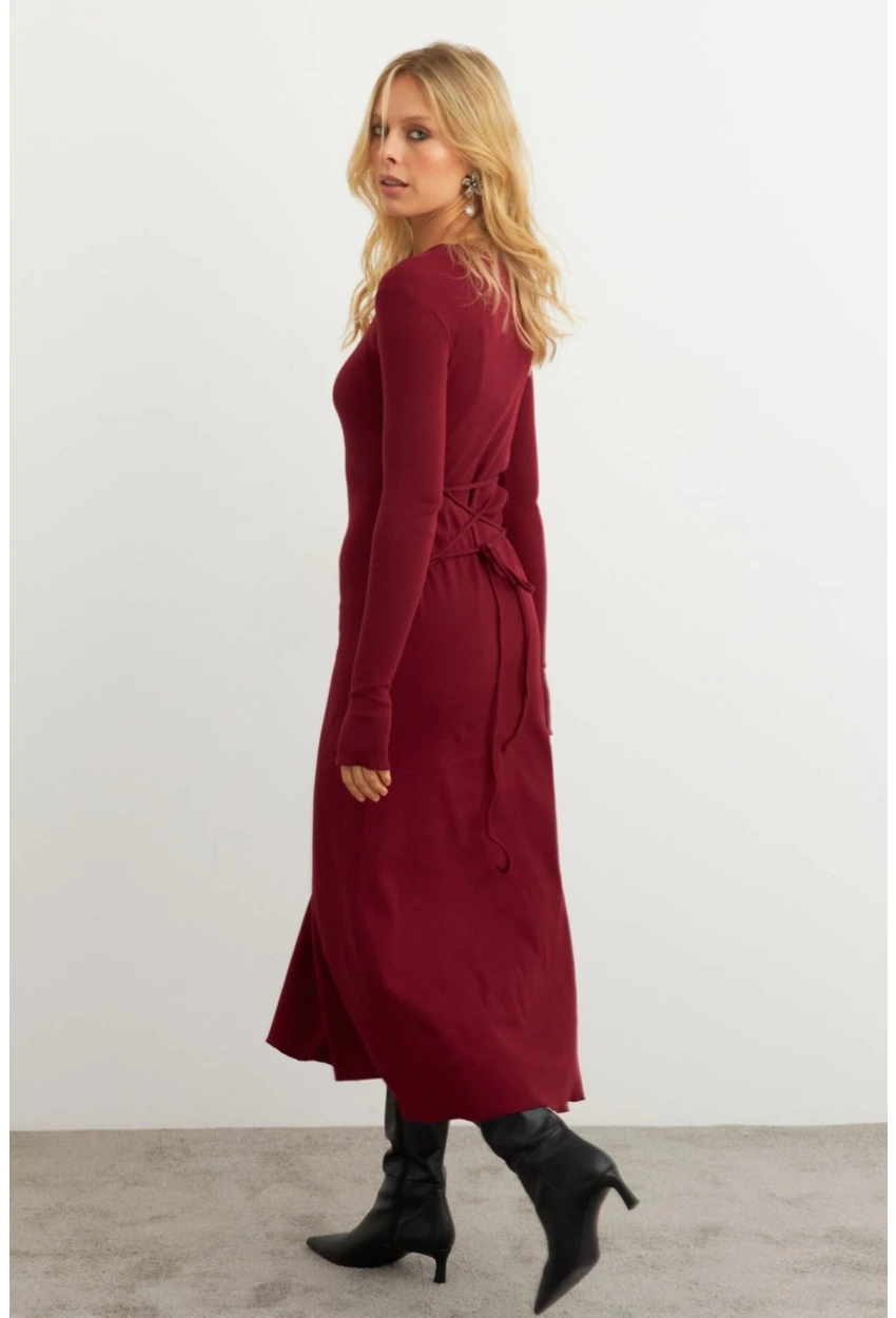 Kadın Bordo Bağlamalı Kaşkorse Midi Elbise MFRY2268