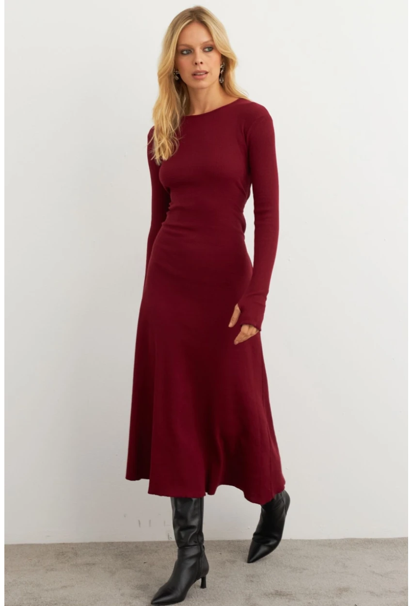 Kadın Bordo Bağlamalı Kaşkorse Midi Elbise MFRY2268