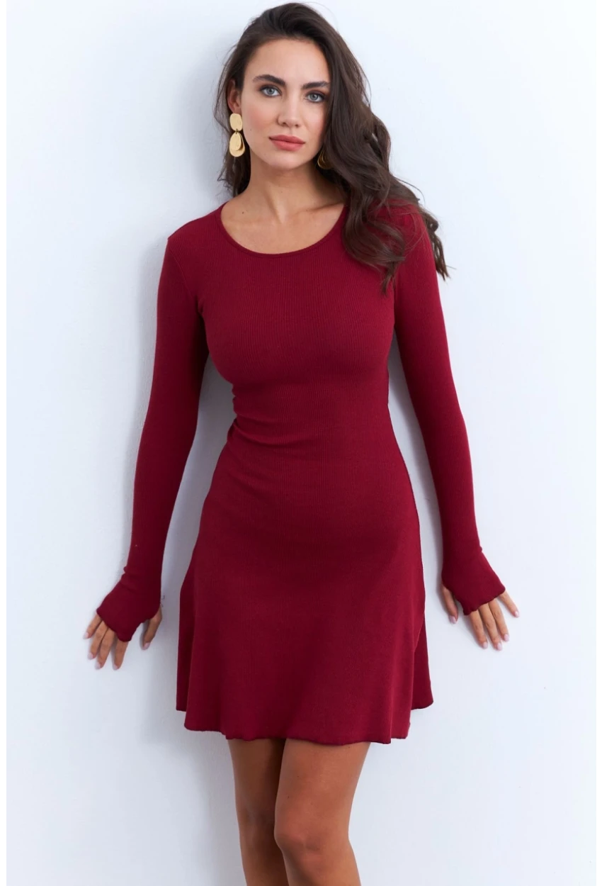 Kadın Bordo Bağlamalı Kaşkorse Mini Elbise FRY2175