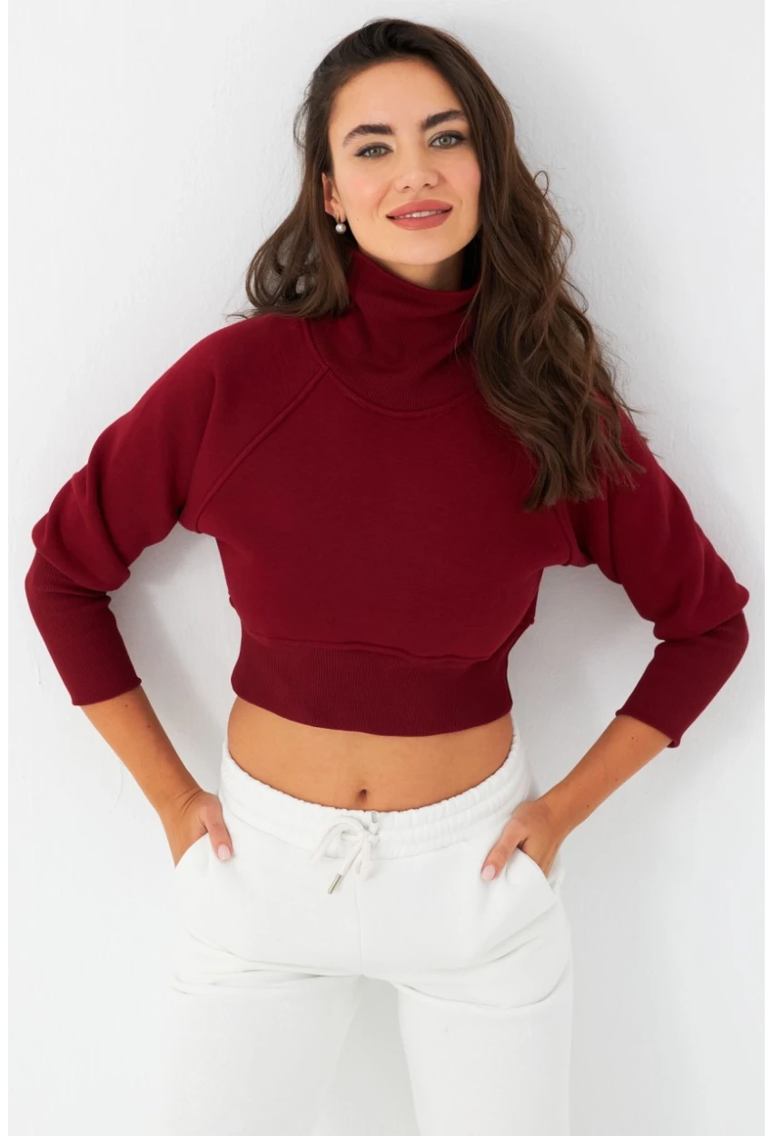 Kadın Bordo Balıkçı Crop Sweatshirt DY1469