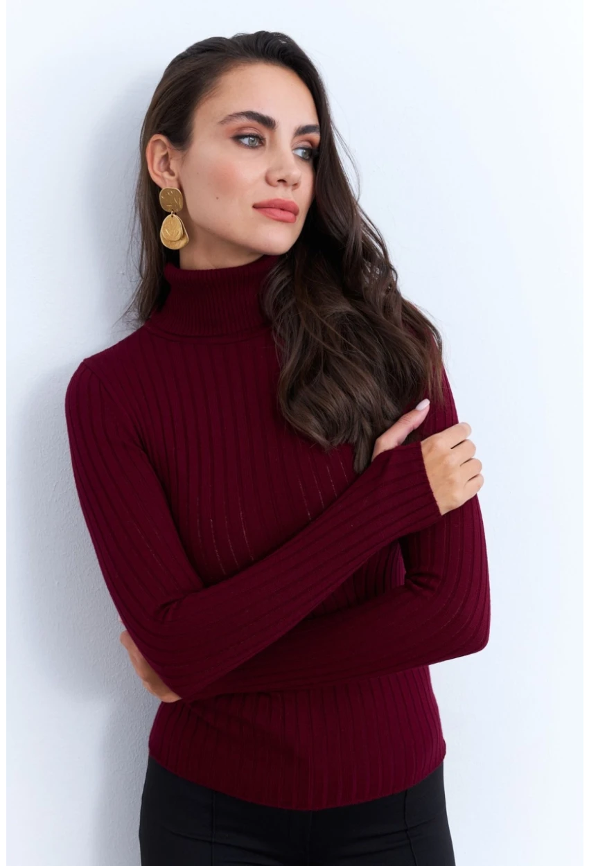 Kadın Bordo Balıkçı Yaka Triko Bluz MYV102-90