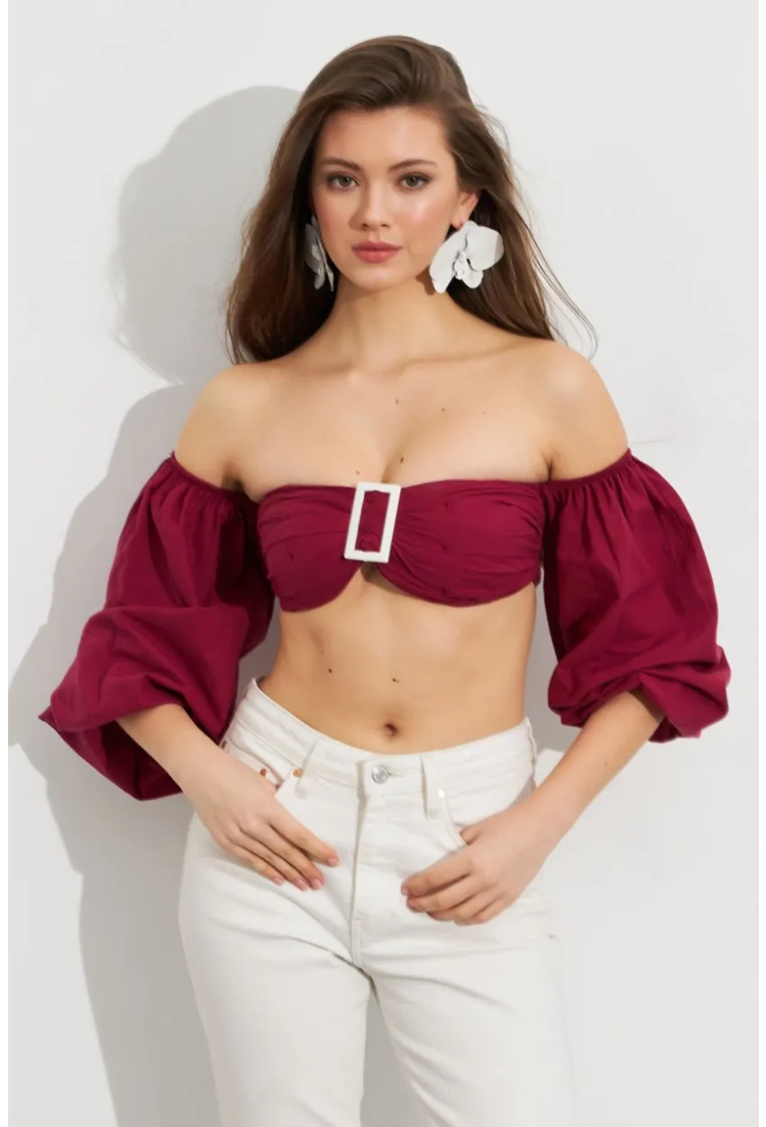 Kadın Bordo Balon Kol Crop Bluz ROP111