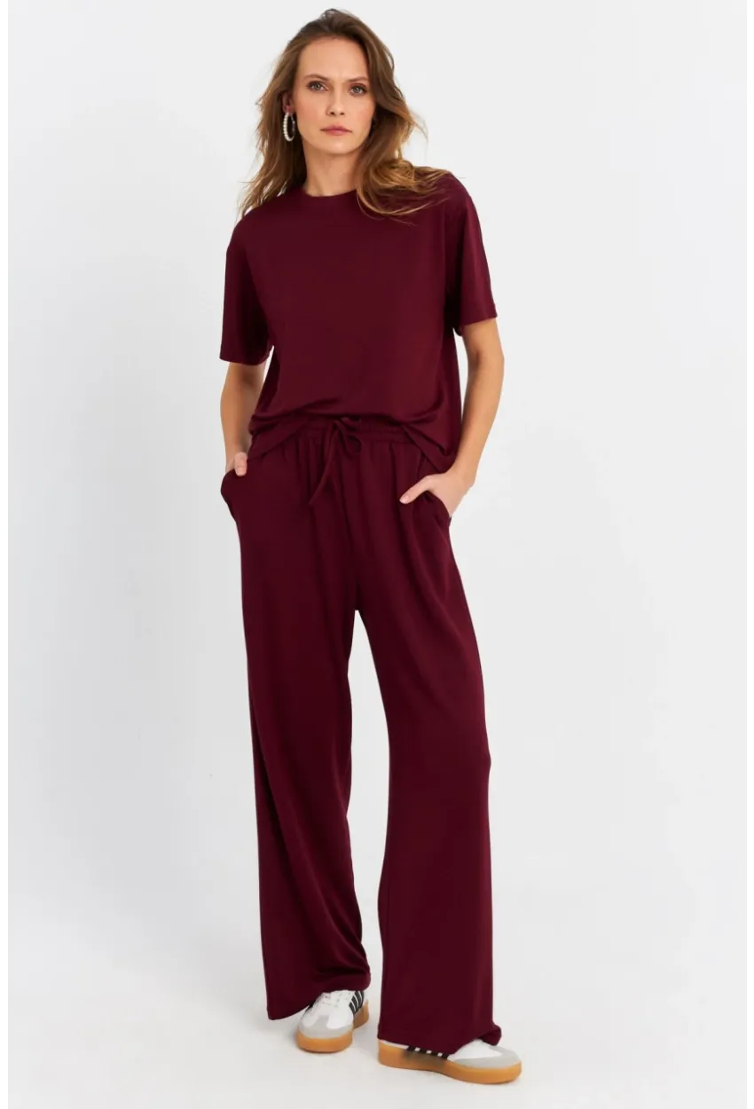 Kadın Bordo Basic Alt-Üst Pantolon Takım MRU6929