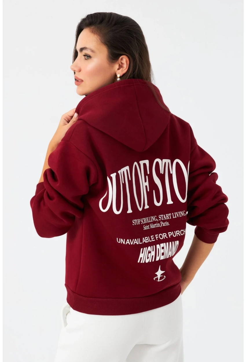 Kadın Bordo Baskılı Kapüşonlu Sweatshirt DY1451
