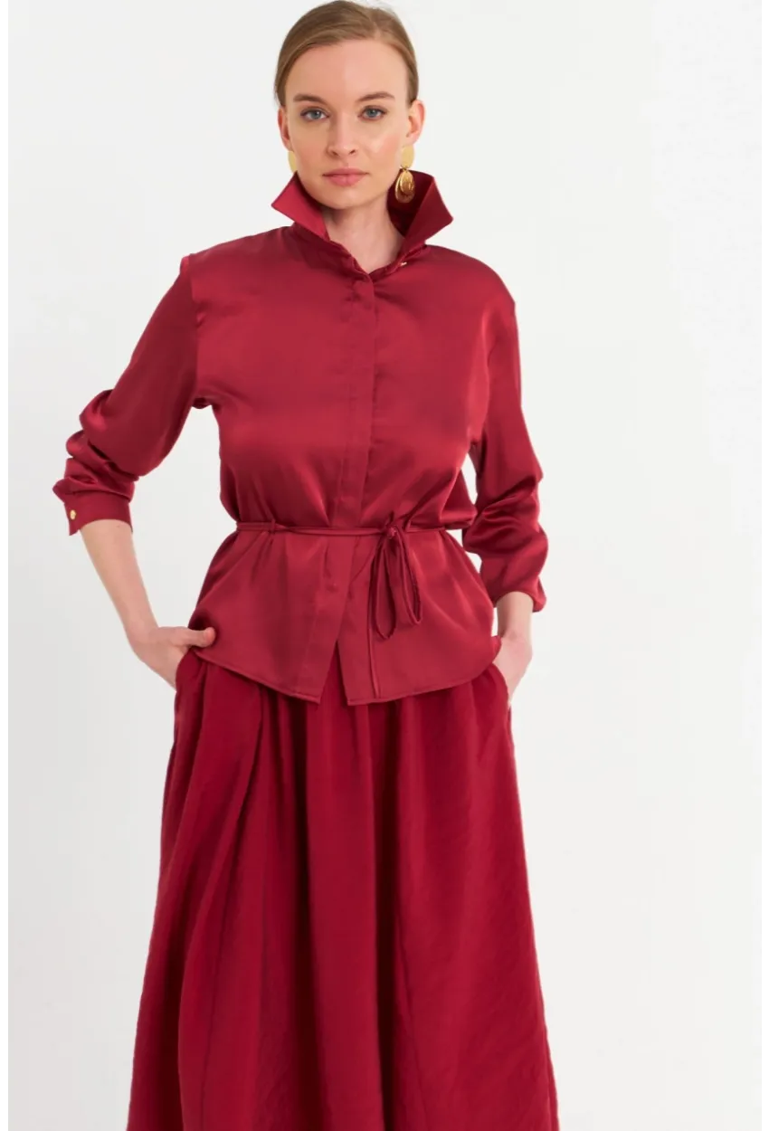 Kadın Bordo Beli Bağlamalı Saten Gömlek MMRS4212