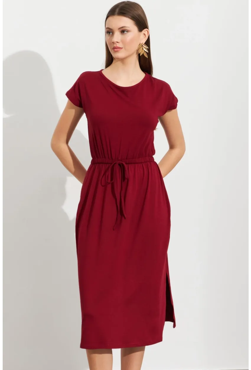 Kadın Bordo Beli Büzülebilir Midi Elbise MURO1193