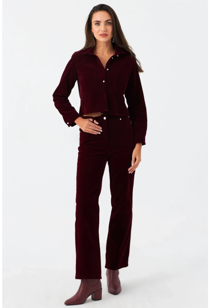 Kadın Bordo Beli Lastikli Kadife Pantolon CAR1076