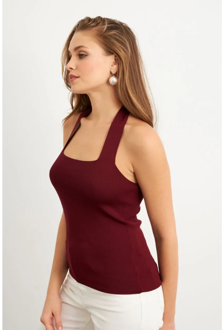 Kadın Bordo Boyundan Bağlamalı Triko Bluz YV356