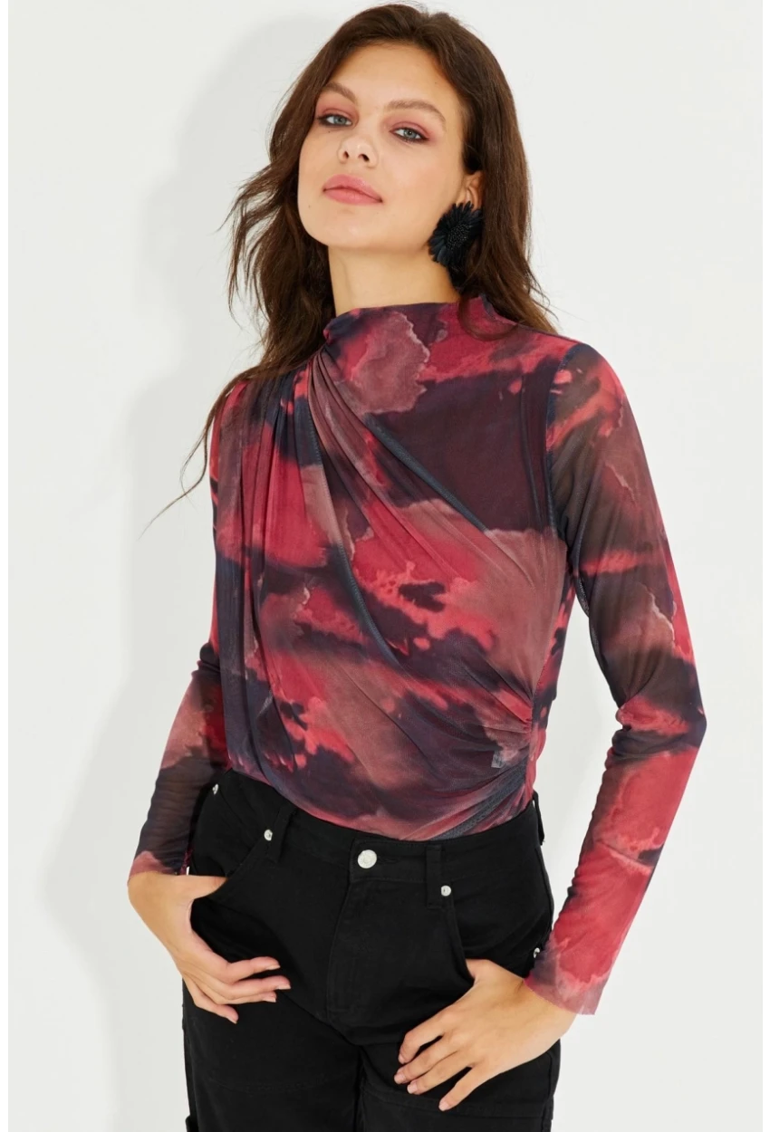 Kadın Bordo Büzgülü Astarlı Tül Bluz LPP1231