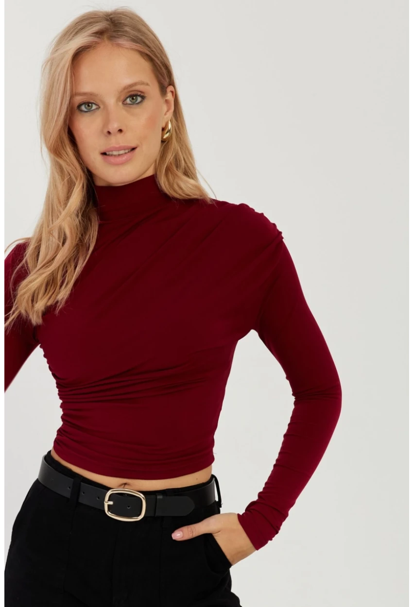 Kadın Bordo Büzgülü Kısa Bluz MEN2023-90