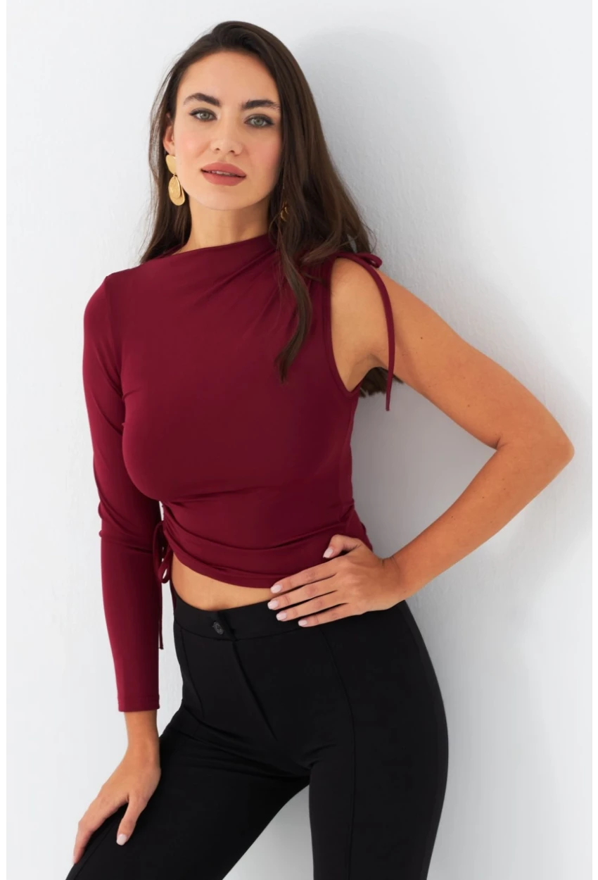 Kadın Bordo Büzülebilir Tek Kol Bluz CG390