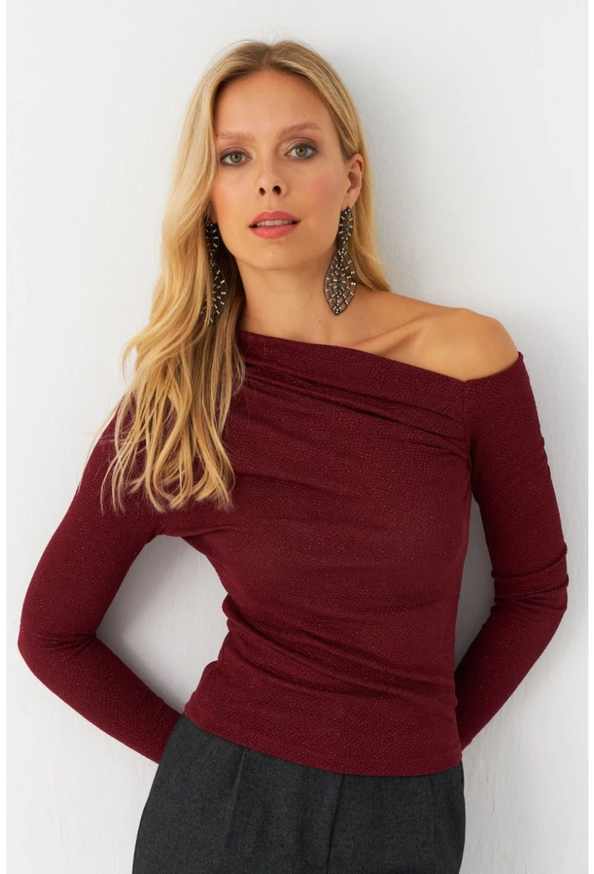 Kadın Bordo Çapraz Yaka Simli Bluz ERL10060