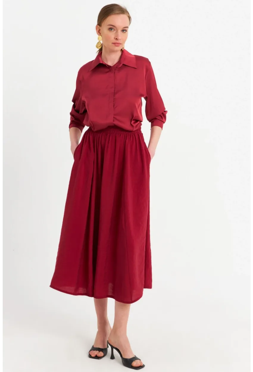 Kadın Bordo Cepli Midi Etek MSH20194