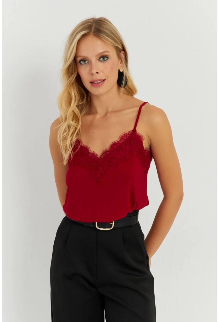 Kadın Bordo Dantel Detaylı Atlet AYD265