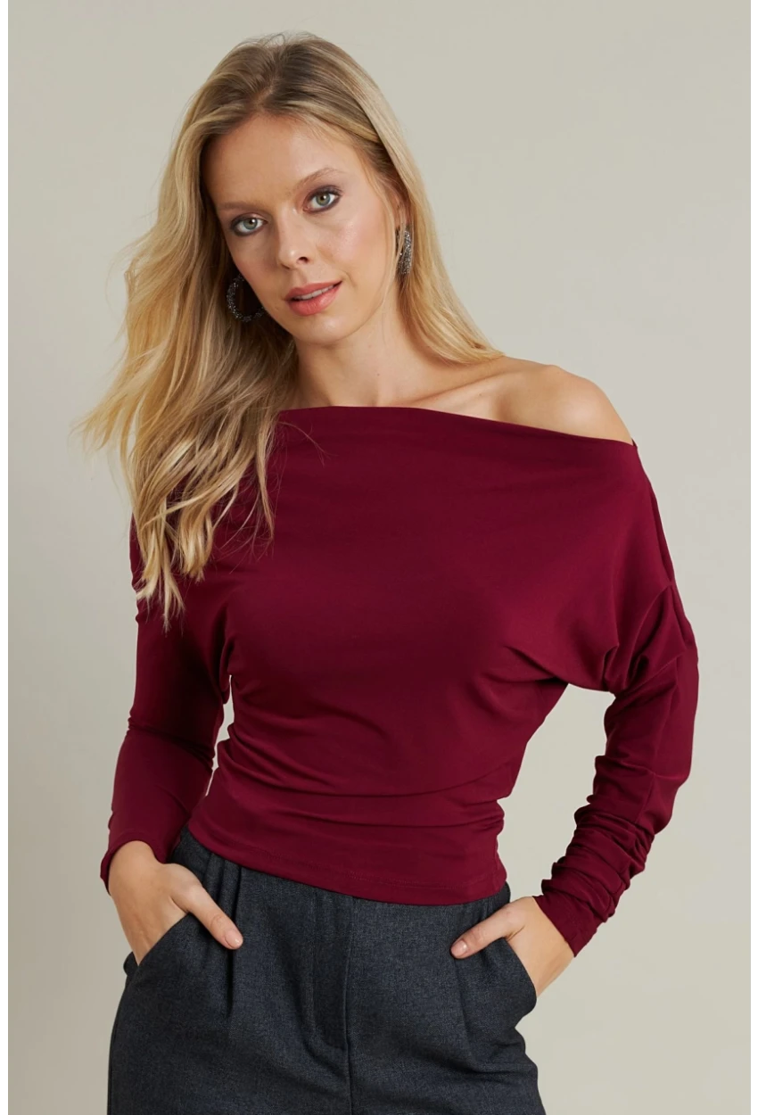 Kadın Bordo Degaje Yaka Bluz DMR382-1