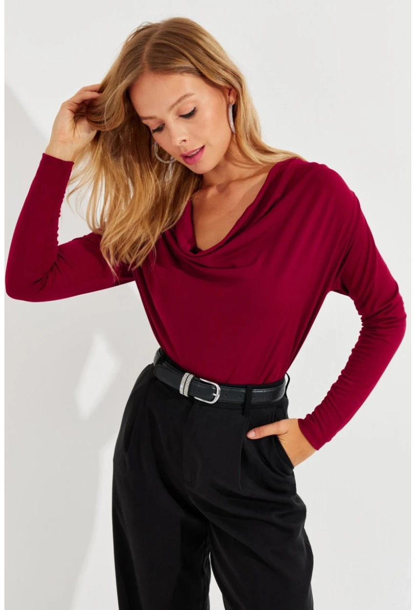 Kadın Bordo Degaje Yaka Bluz LPP1234