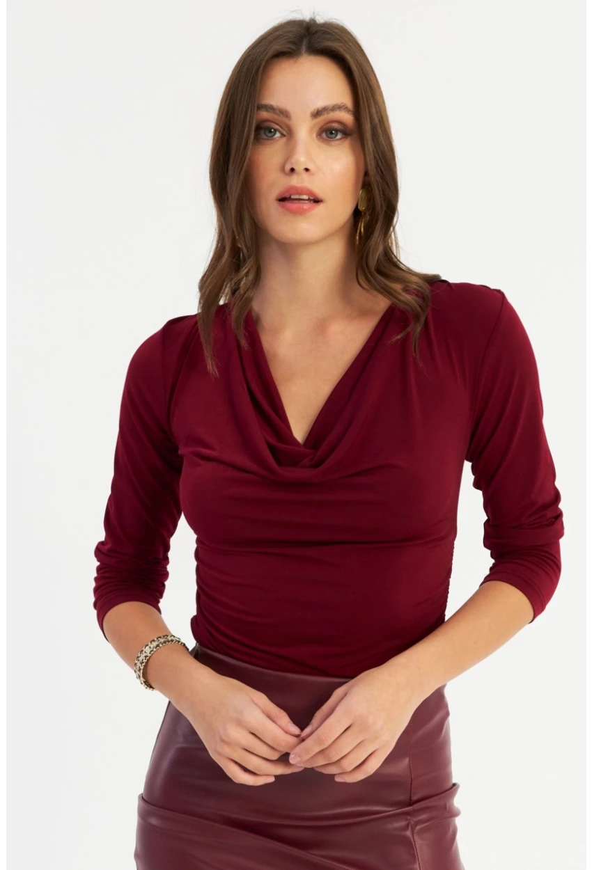 Kadın Bordo Degaje Yaka Büzgülü Bluz FRY2248