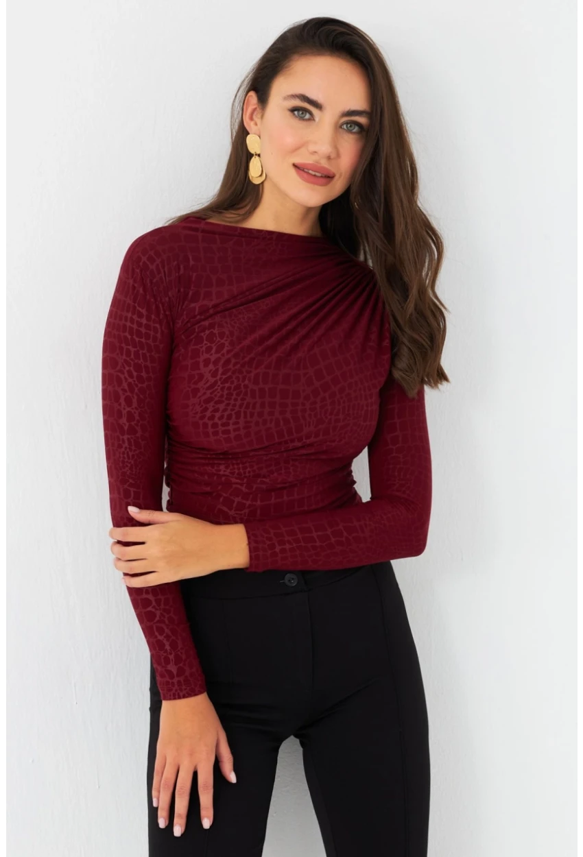 Kadın Bordo Desenli Büzgülü Bluz LPP1279