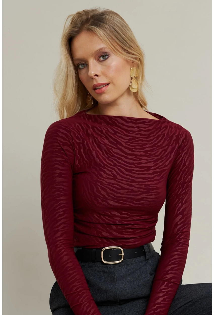 Kadın Bordo Desenli Büzgülü Bluz LPP1298