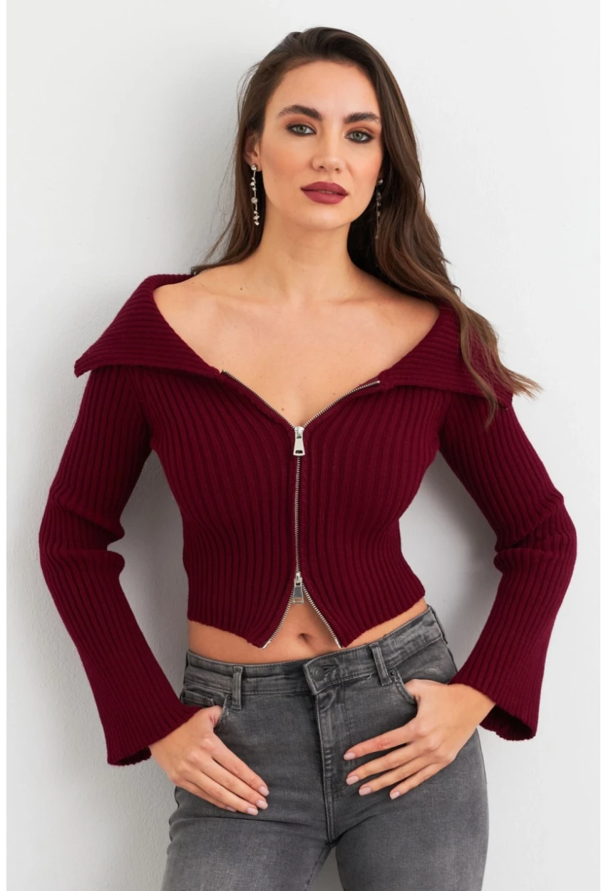 Kadın Bordo Devrik Yaka Kısa Hırka TEM103