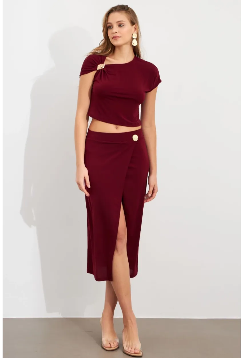 Kadın Bordo Dore Aksesuarlı İkili Takım UG7112