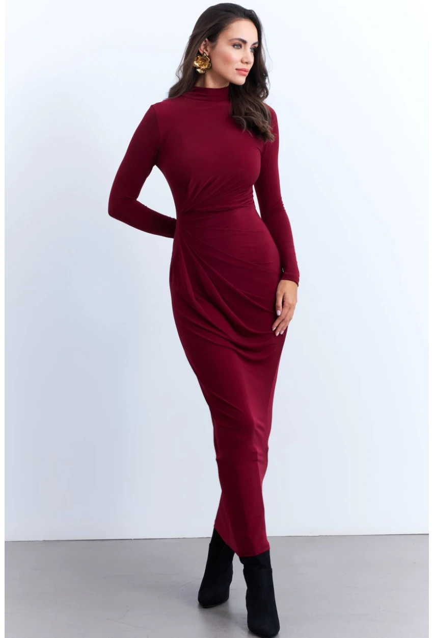 Kadın Bordo Drapeli Maxi Elbise LİK12