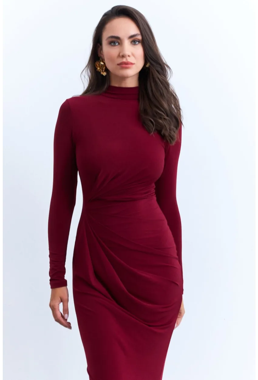 Kadın Bordo Drapeli Maxi Elbise MLİK12