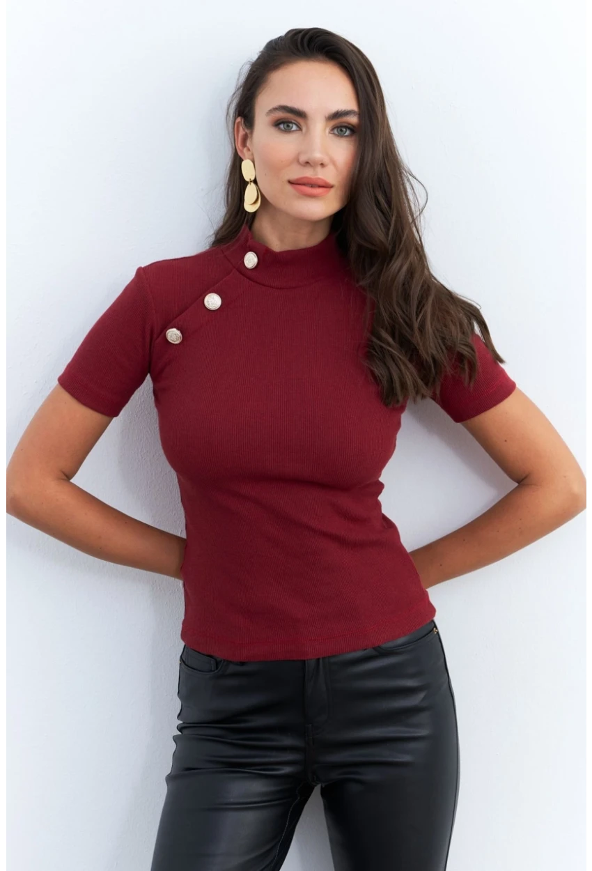 Kadın Bordo Düğme Aksesuarlı Kaşkorse Bluz EY2560