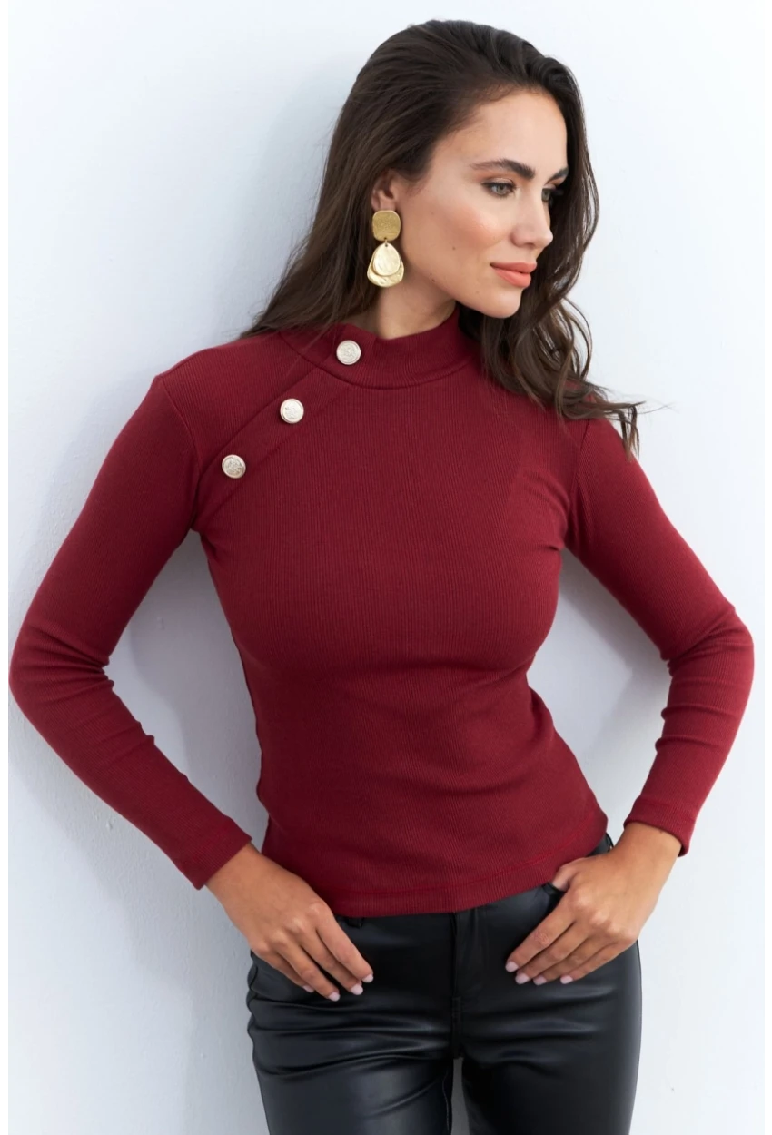 Kadın Bordo Düğme Aksesuarlı Kaşkorse Bluz EY2579