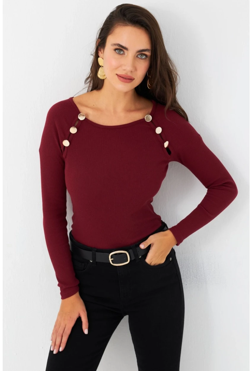 Kadın Bordo Düğme Aksesuarlı Kaşkorse Bluz EY2945