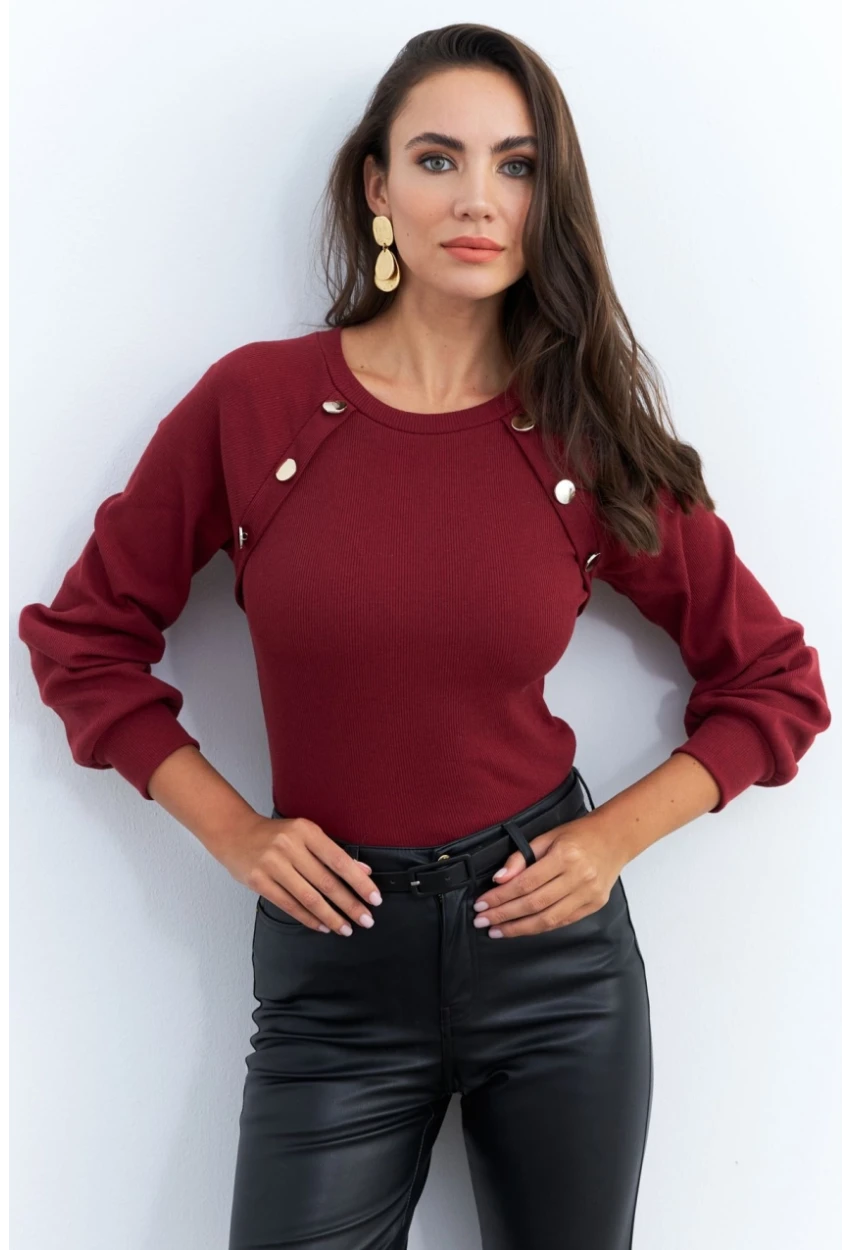 Kadın Bordo Düğme Aksesuarlı Kaşkorse Bluz EY2946