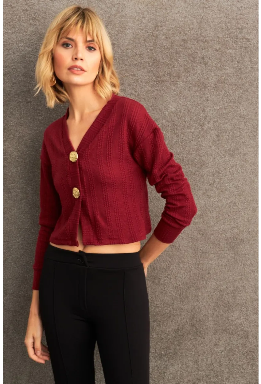 Kadın Bordo Düğme Detaylı Bluz TF57