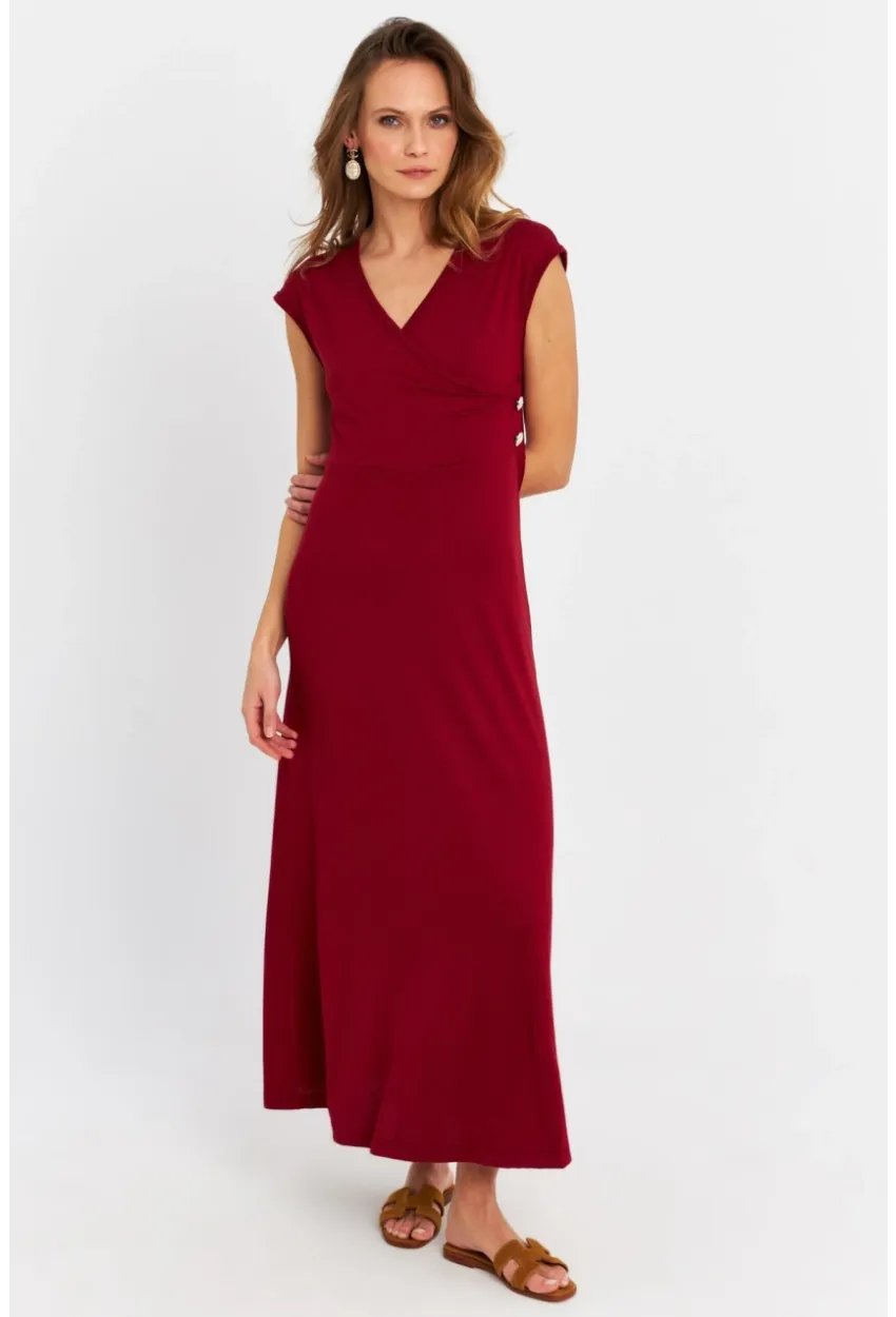 Kadın Bordo Düğme Detaylı Kruvaze Midi Elbise MEY0011