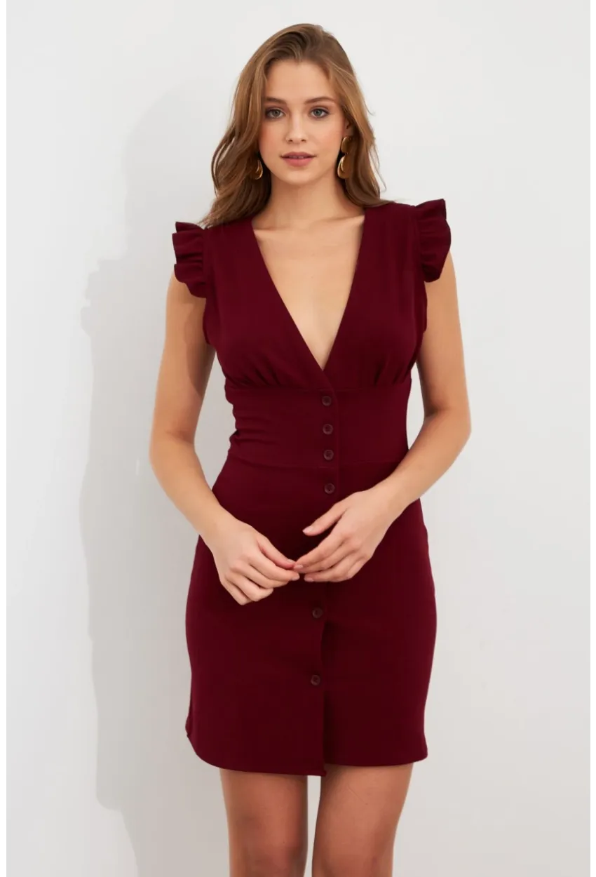 Kadın Bordo Düğme Detaylı Mini Elbise DAF5033