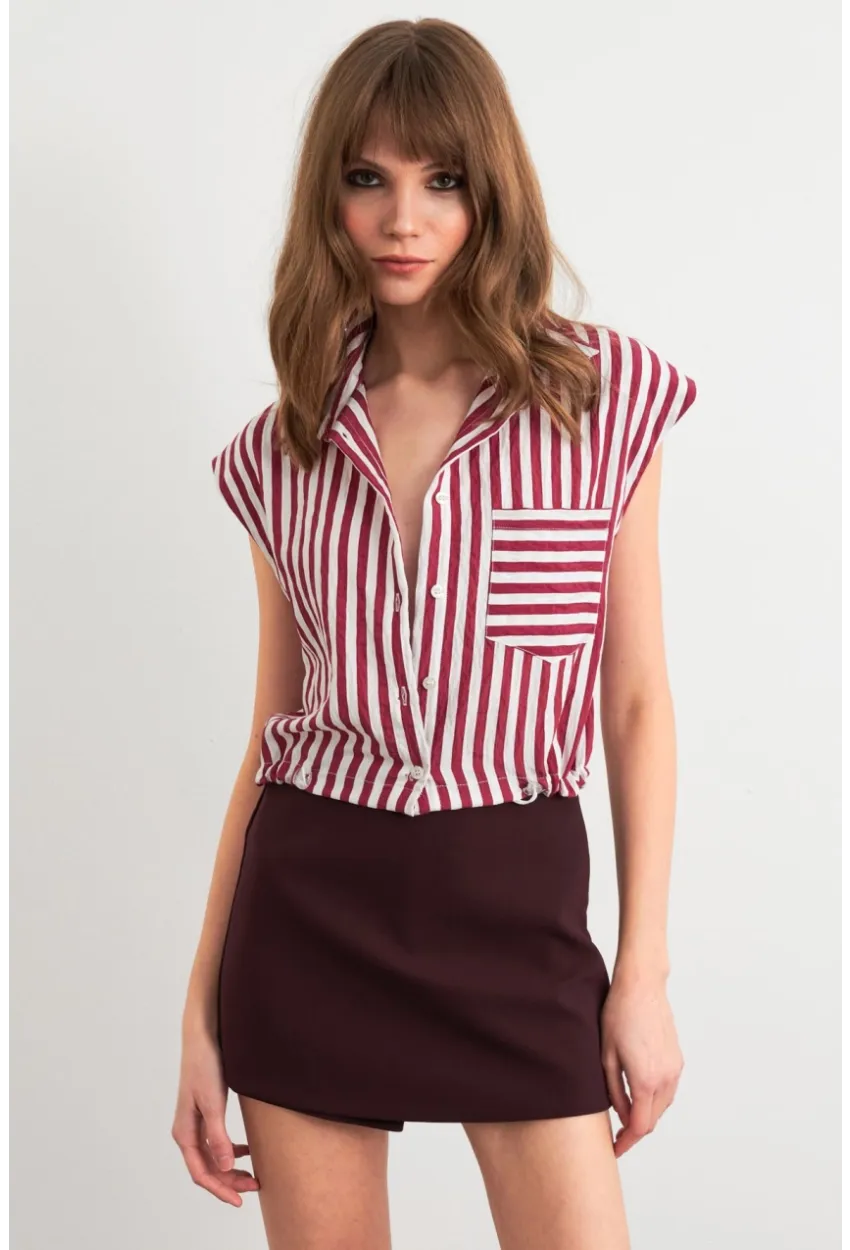 Kadın Bordo-Ekru Büzgülü Kolsuz Crop Gömlek RLO92