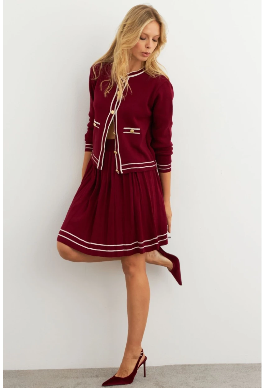 Kadın Bordo-Ekru Triko Ceket Takım SF2557