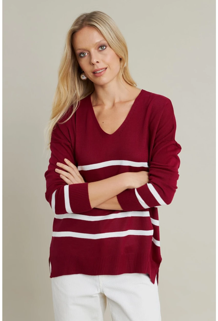 Kadın Bordo-Ekru V Yaka Çizgili Triko Kazak MYİL550
