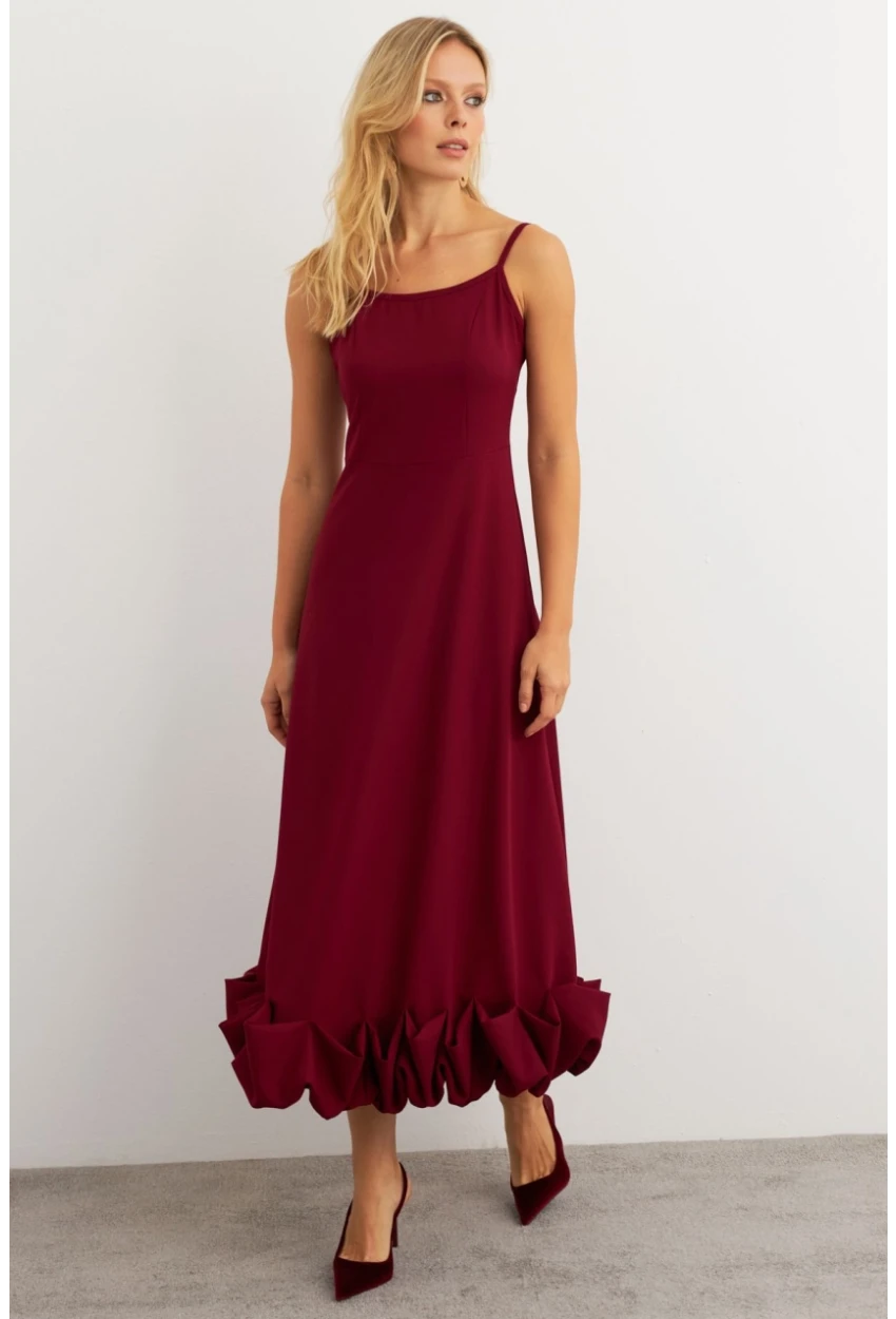 Kadın Bordo Eteği Fırfırlı Şık Maxi Elbise FRY2266