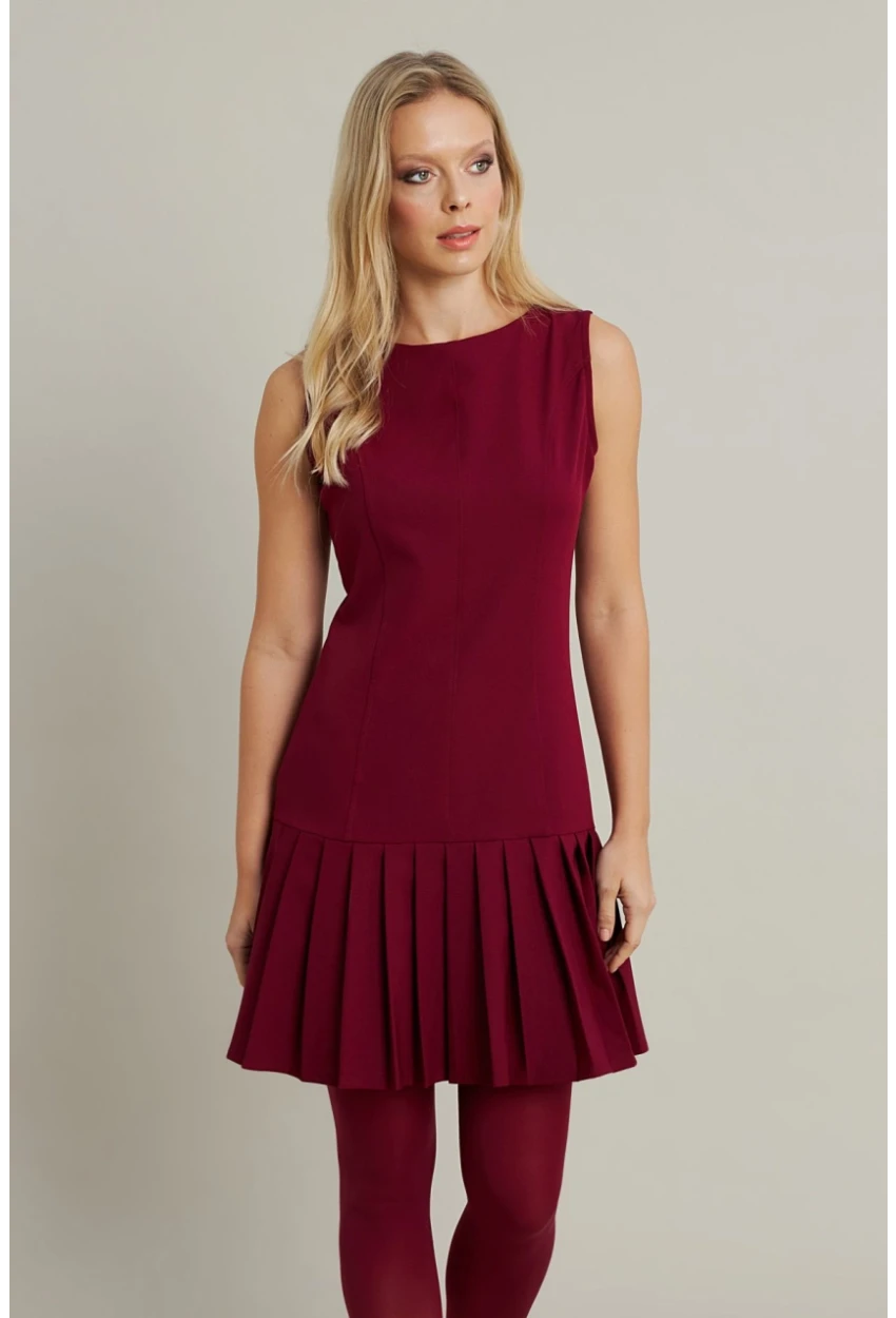 Kadın Bordo Etegi Pileli Mini Elbise FRY2265