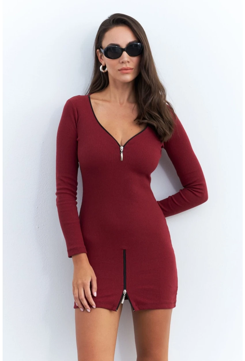 Kadın Bordo Fermuarlı Kaşkorse Mini Elbise EY2530