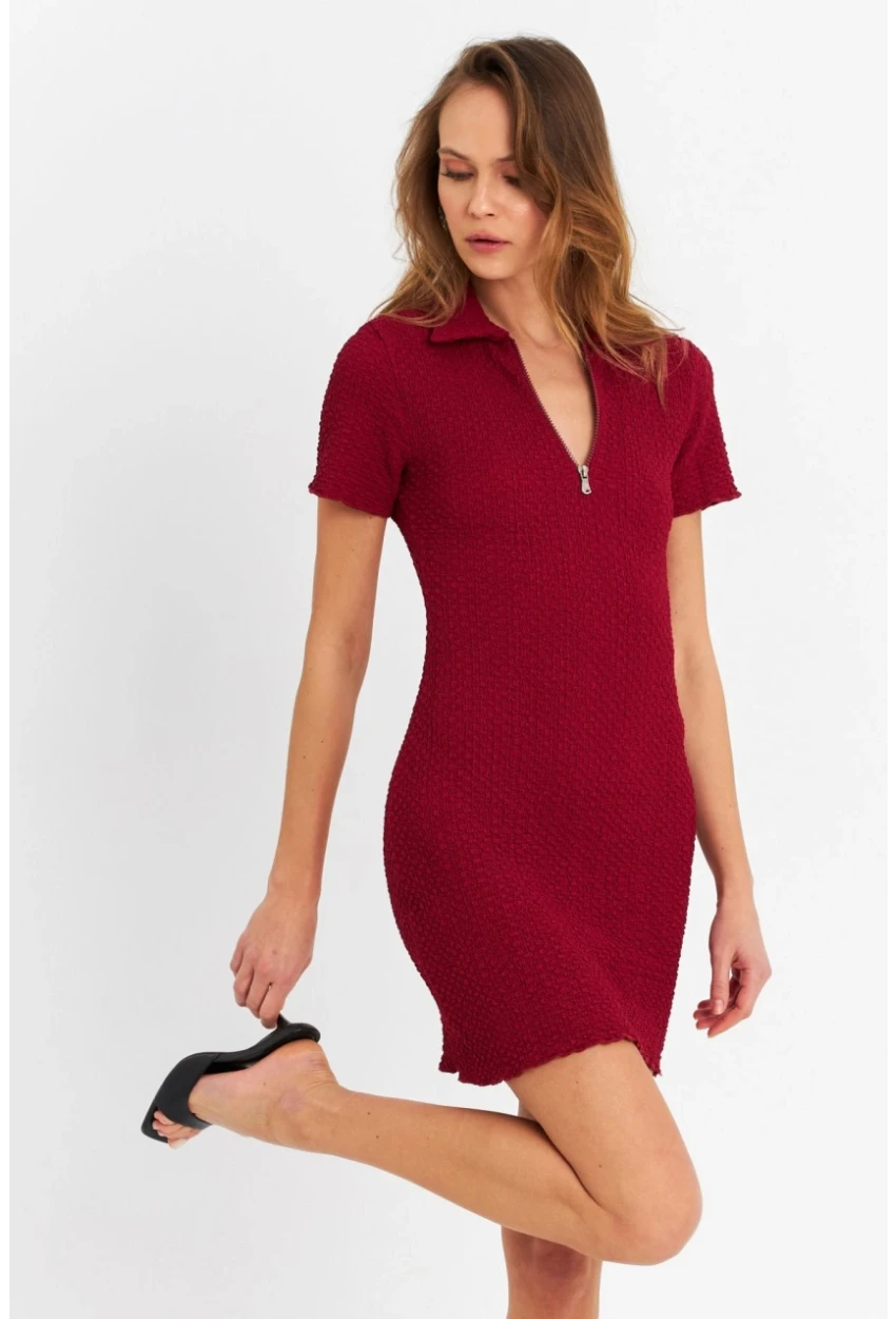 Kadın Bordo Fermuarlı Mini Elbise MOD2441