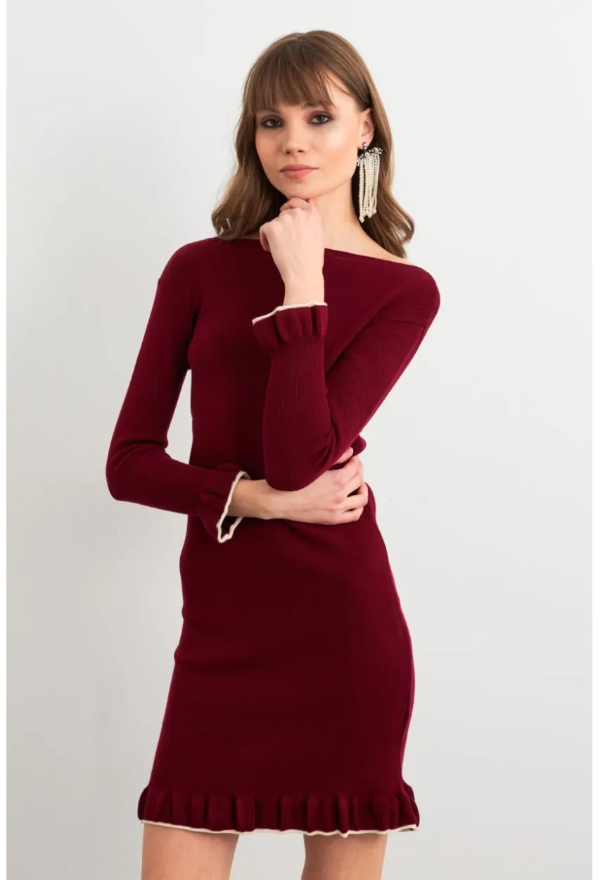 Kadın Bordo Fırfırlı Basic Triko Midi Elbise SF2559