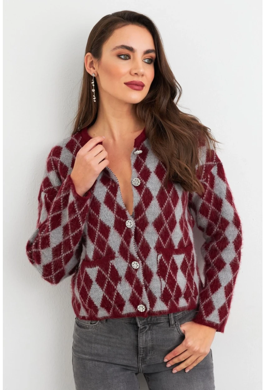 Kadın Bordo-Gri Düğme Detaylı Hırka ELT12022