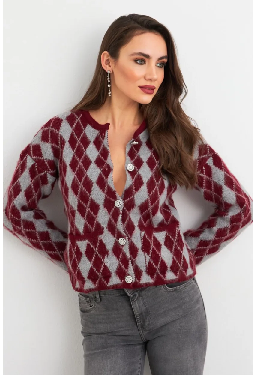 Kadın Bordo-Gri Düğme Detaylı Hırka ELT12022