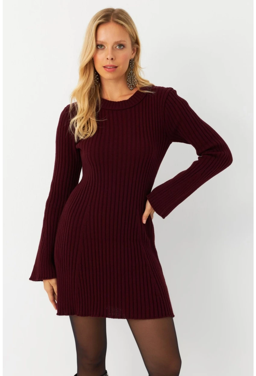 Kadın Bordo İspanyol Kol Triko Mini Elbise YV273