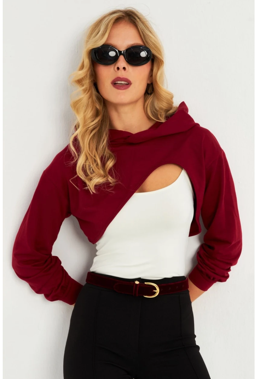 Kadın Bordo Kapüşonlu Crop Sweatshirt  TF03