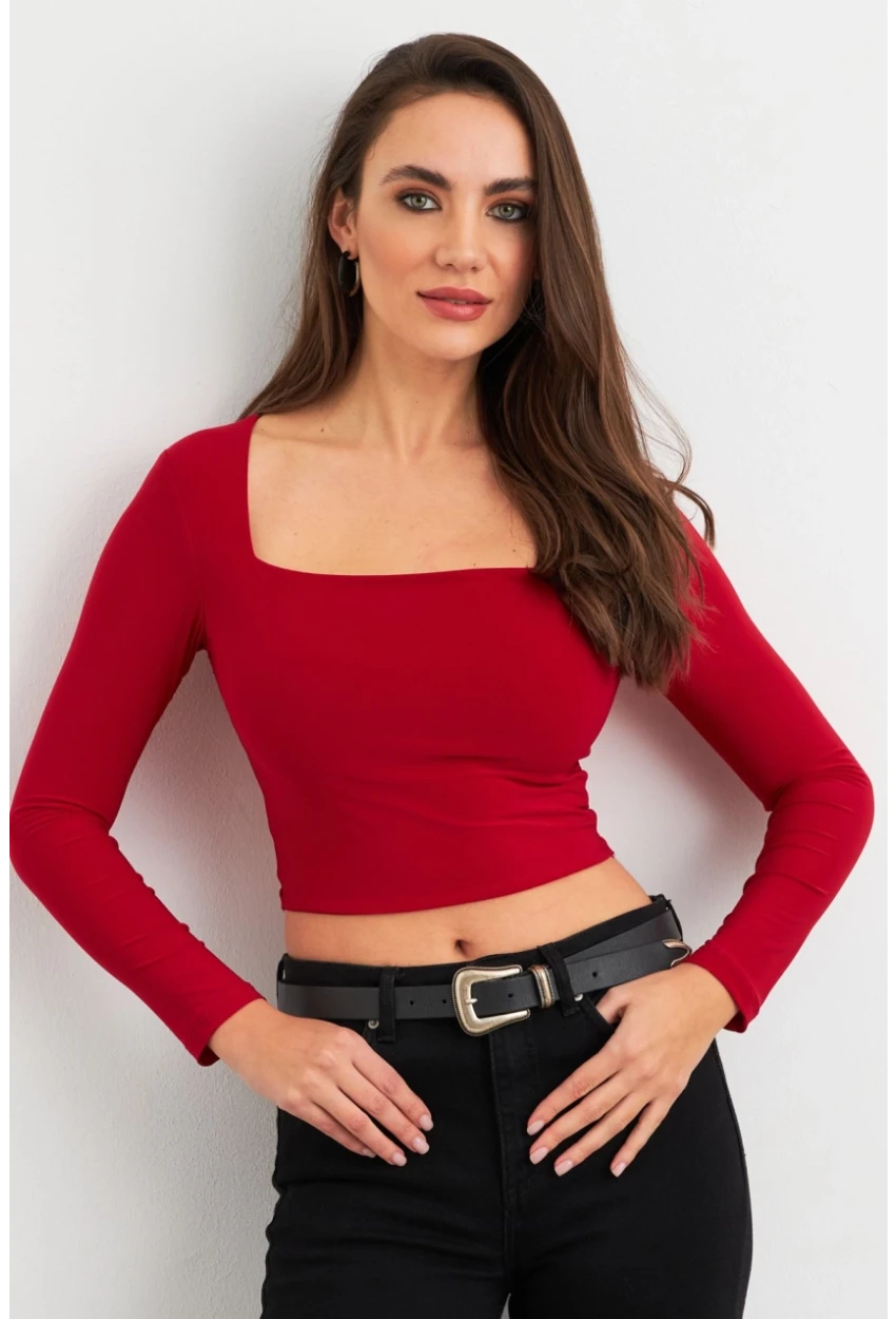 Kadın Bordo Kare Yaka Crop Bluz ELT2586